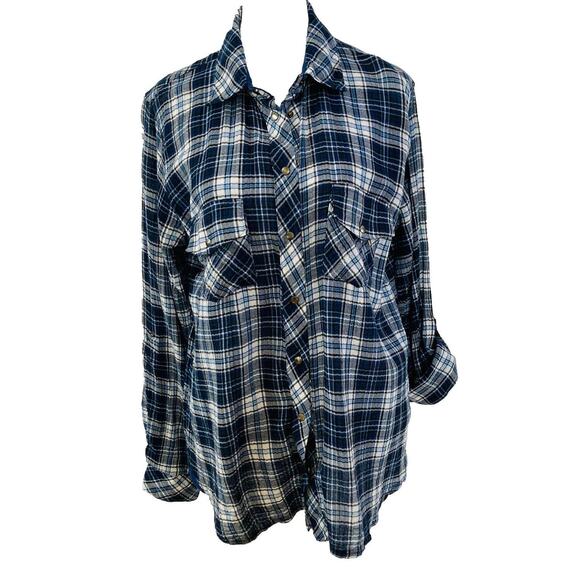 Kut From The Kloth Crinkle Blue Plaid Pearl Snap Button Down Shirt Medium - Picture 1 of 11